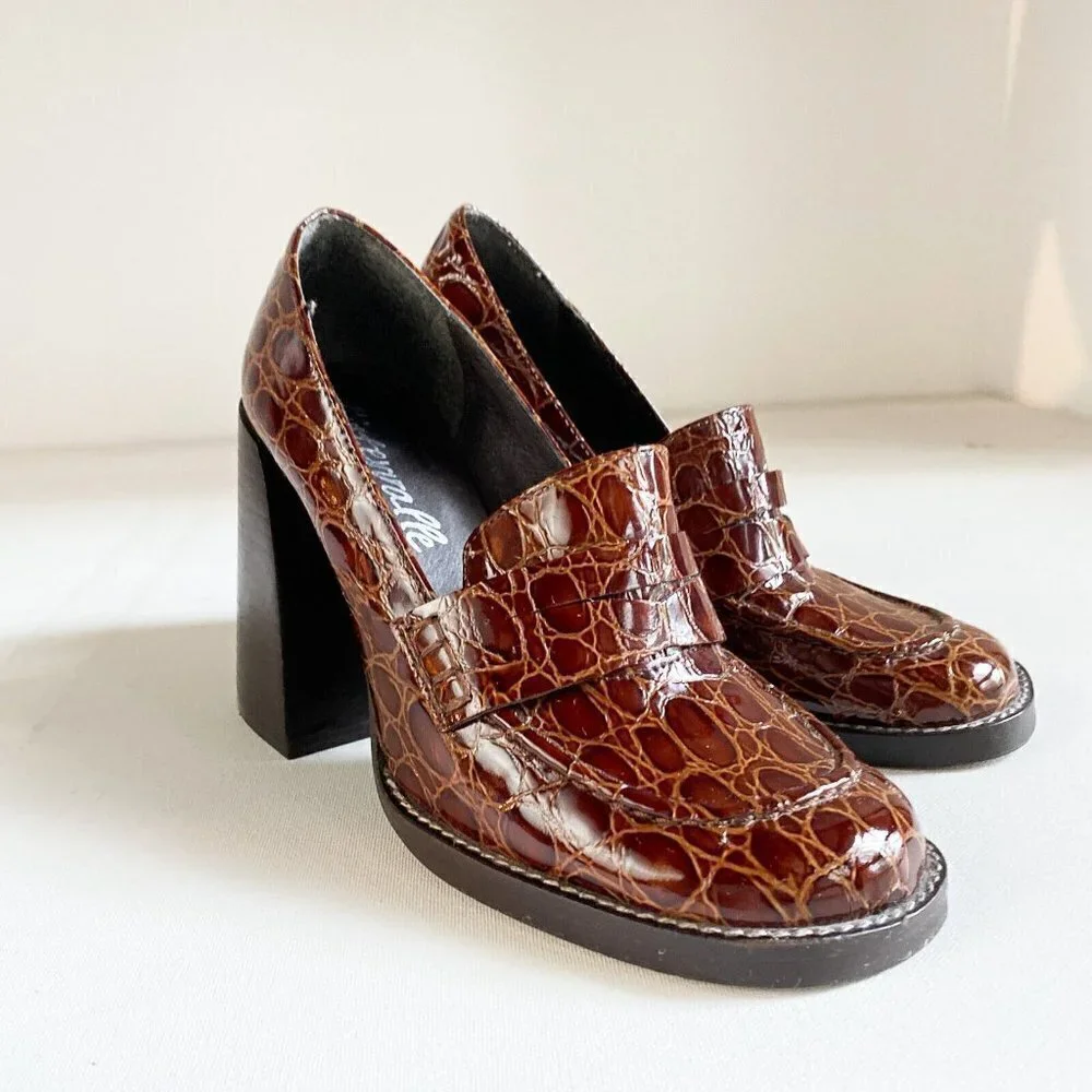 L'Intervalle Brown Croc Print Leather Chunky Heel Loafers 36